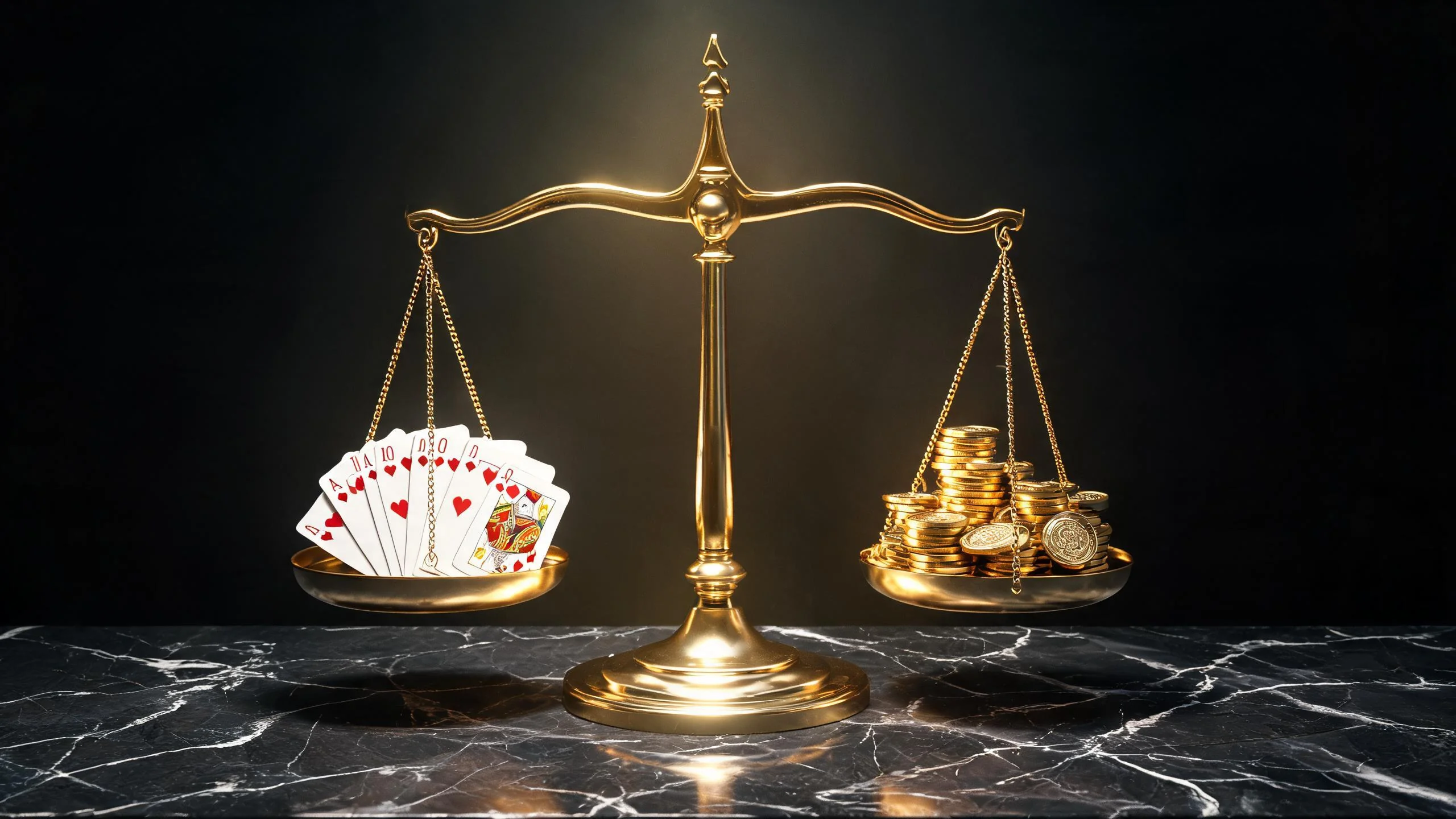 金色天秤兩端放撲克牌象徵公正評比