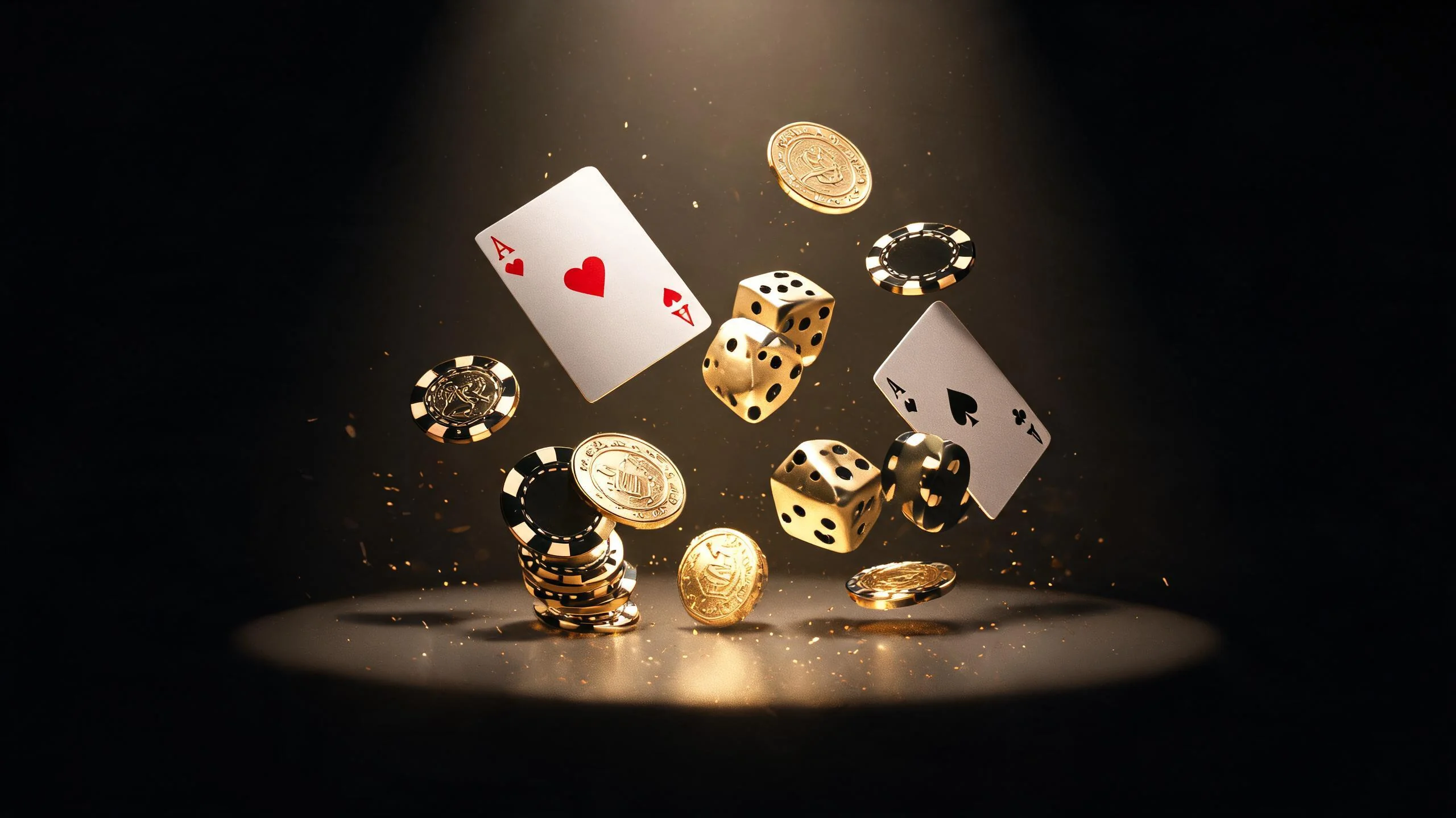 撲克牌骰子籌碼金幣動感懸浮黑金主視覺