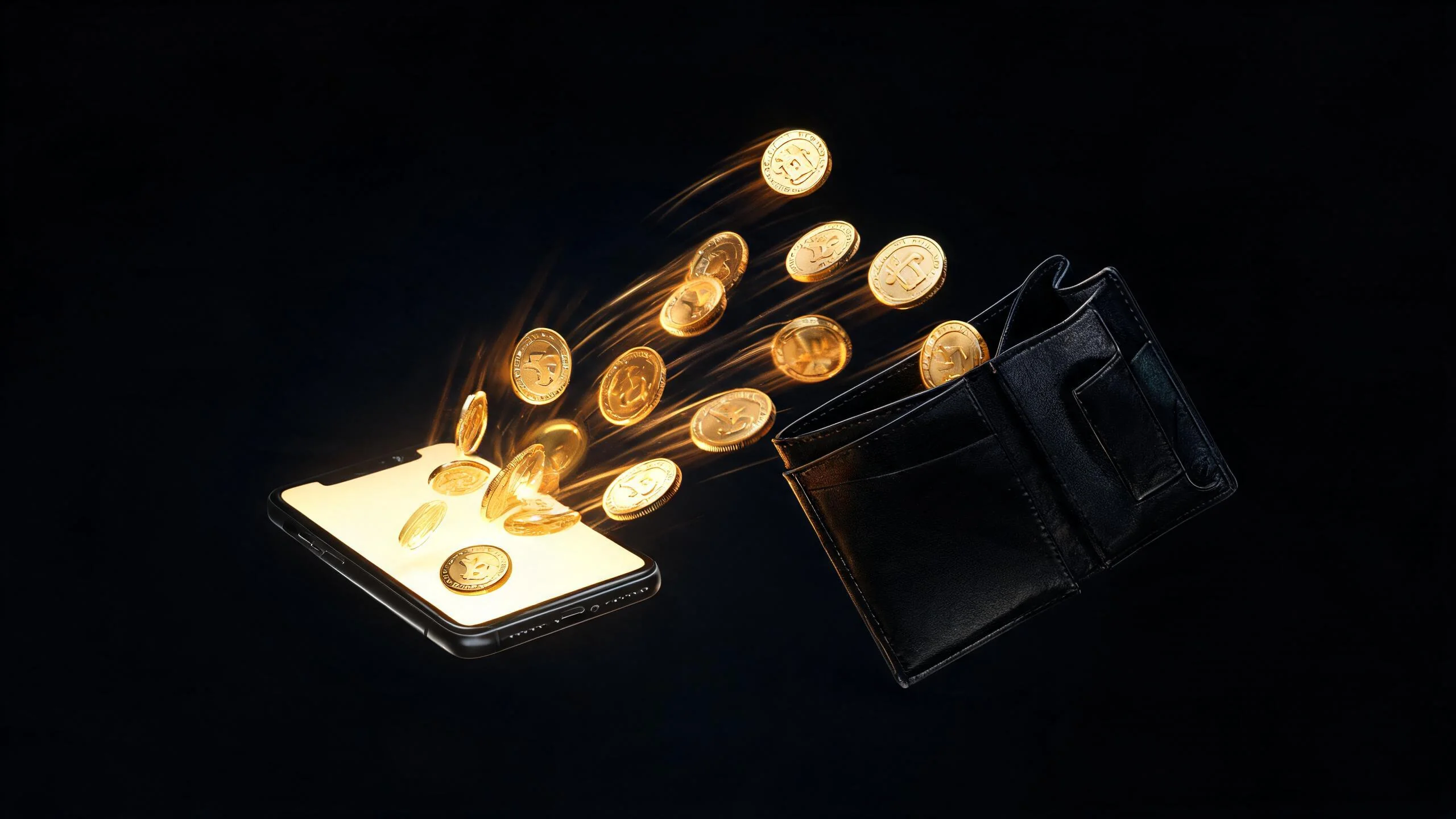 金幣從手機流出象徵快速出金