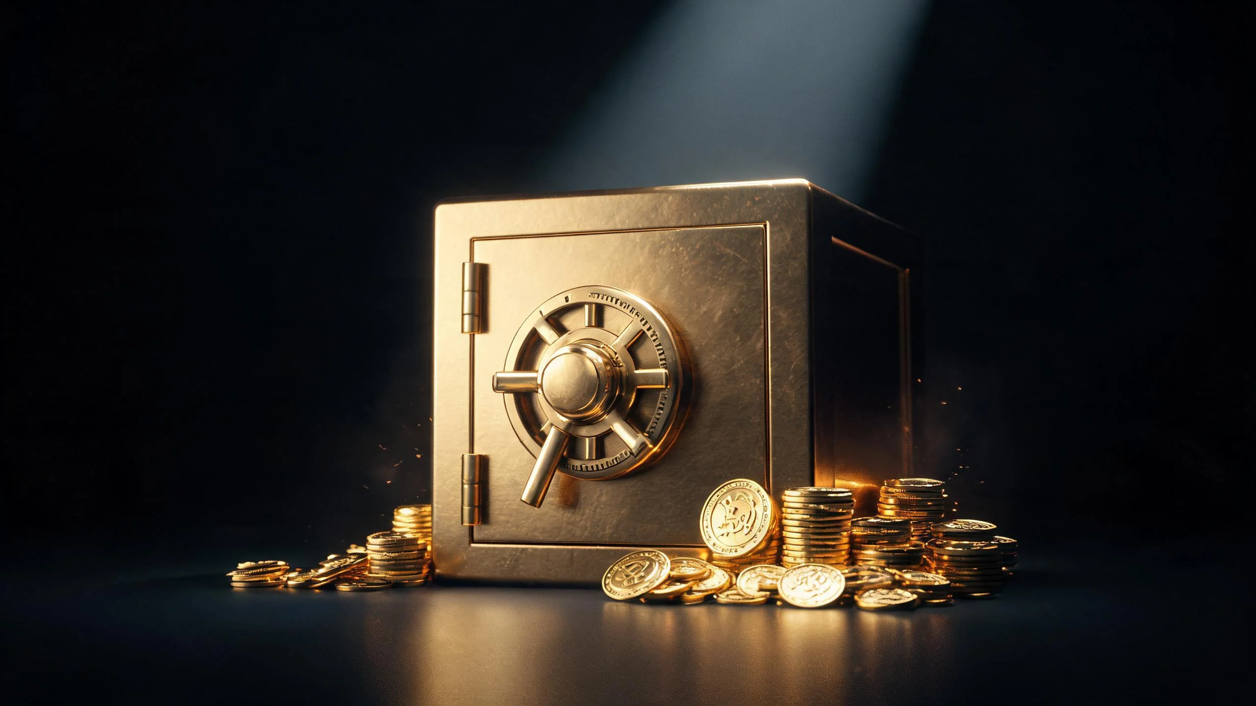 金色保險箱與密碼鎖金幣象徵資金安全