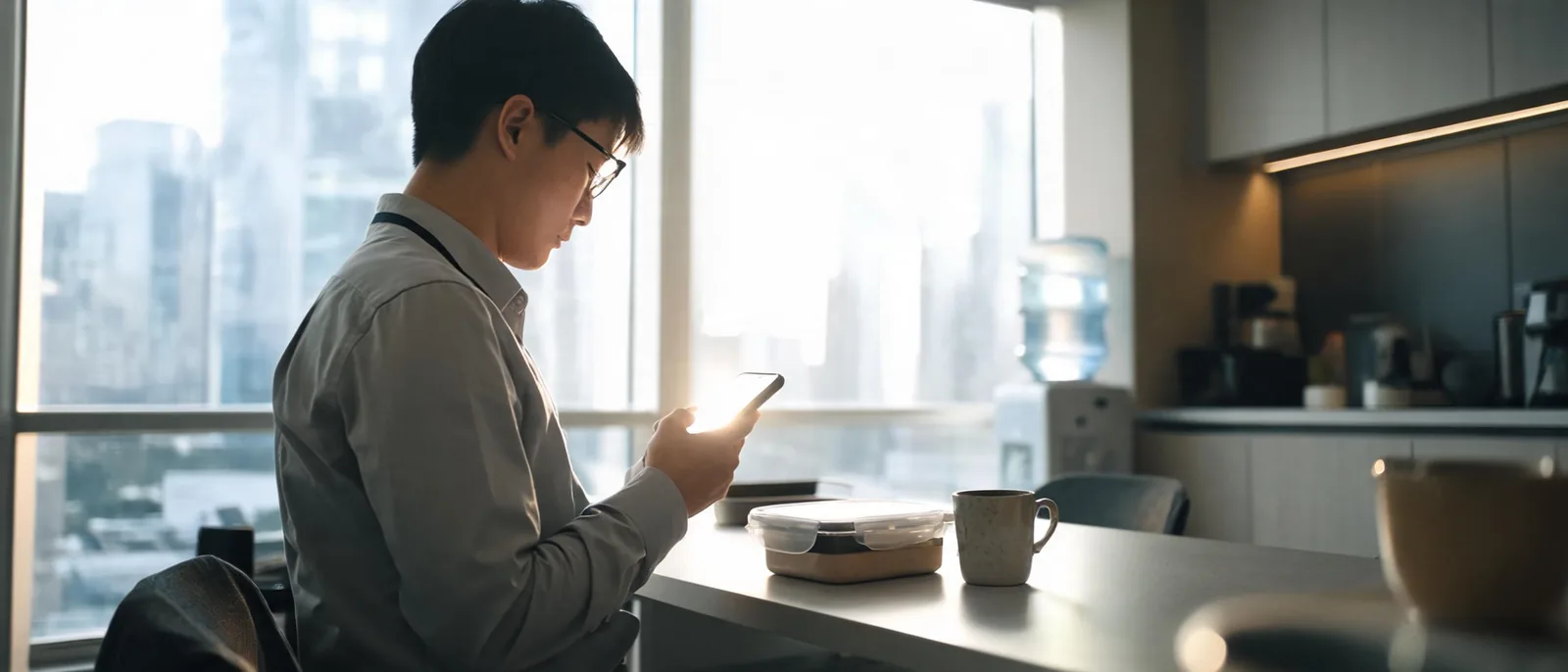 上班族在辦公室茶水間利用午休時間，手拿手機查看顯示處理中的出金狀態頁面