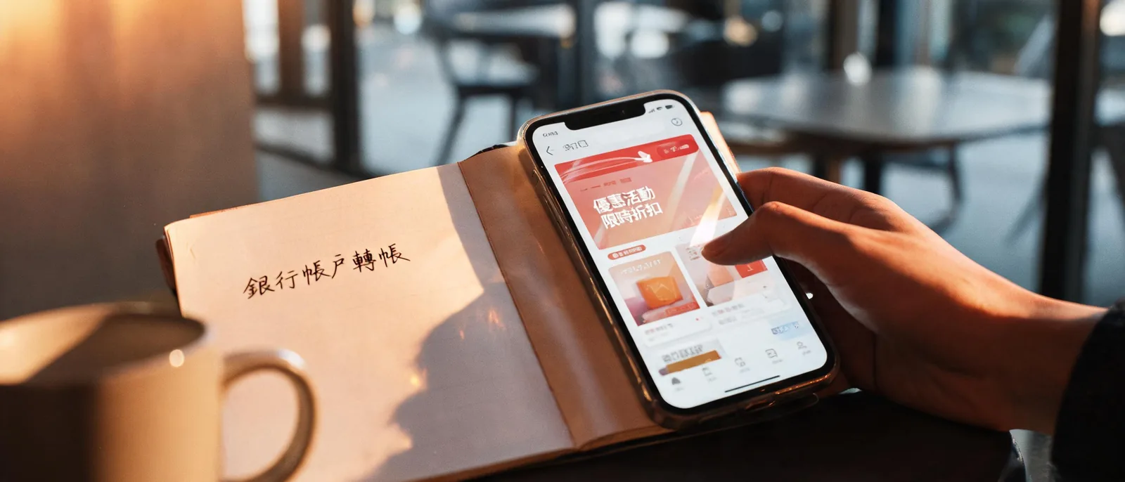 手指按下手機截圖分享按鈕保存優惠活動截圖預覽畫面,筆記本上記著銀行帳戶轉帳查證重點,示意玩家自保查證的具體動作