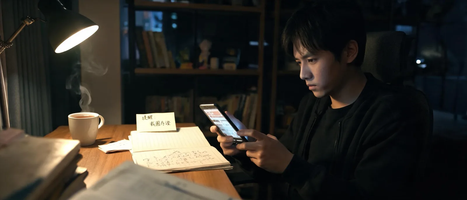 玩家深夜在書桌前用手機查詢冠天下娛樂城官網頁面並在筆記本上進行流水試算，示意儲值前自行查證優惠條款的動作