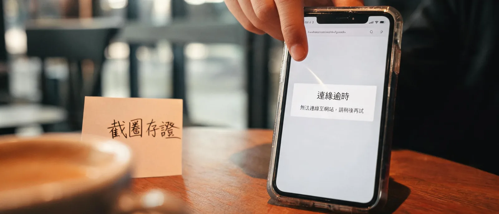 手機螢幕特寫顯示連上冠天下娛樂城官網頁面時連線逾時，網址列因反光模糊，示意本站查證官網受阻的過程