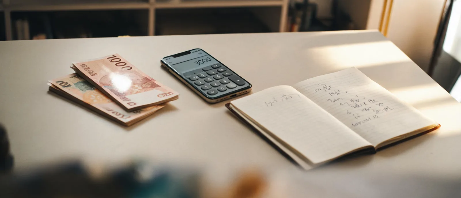 桌上現金與手機計算機畫面並排,旁邊攤開筆記本,示意先算清楚預算金額再開始玩