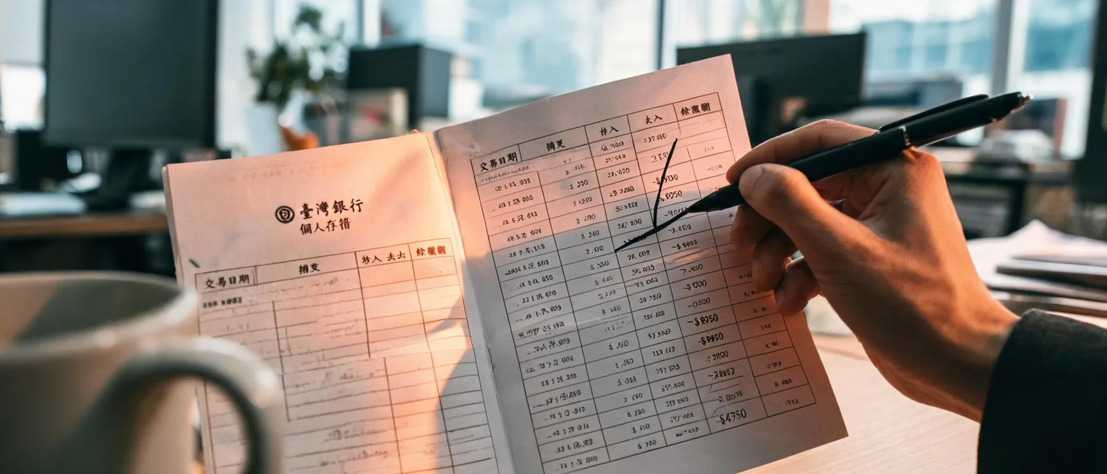 桌面攤開存摺與交易紀錄明細並用筆標記金額，示意出金爭議發生時保留證據的自保做法