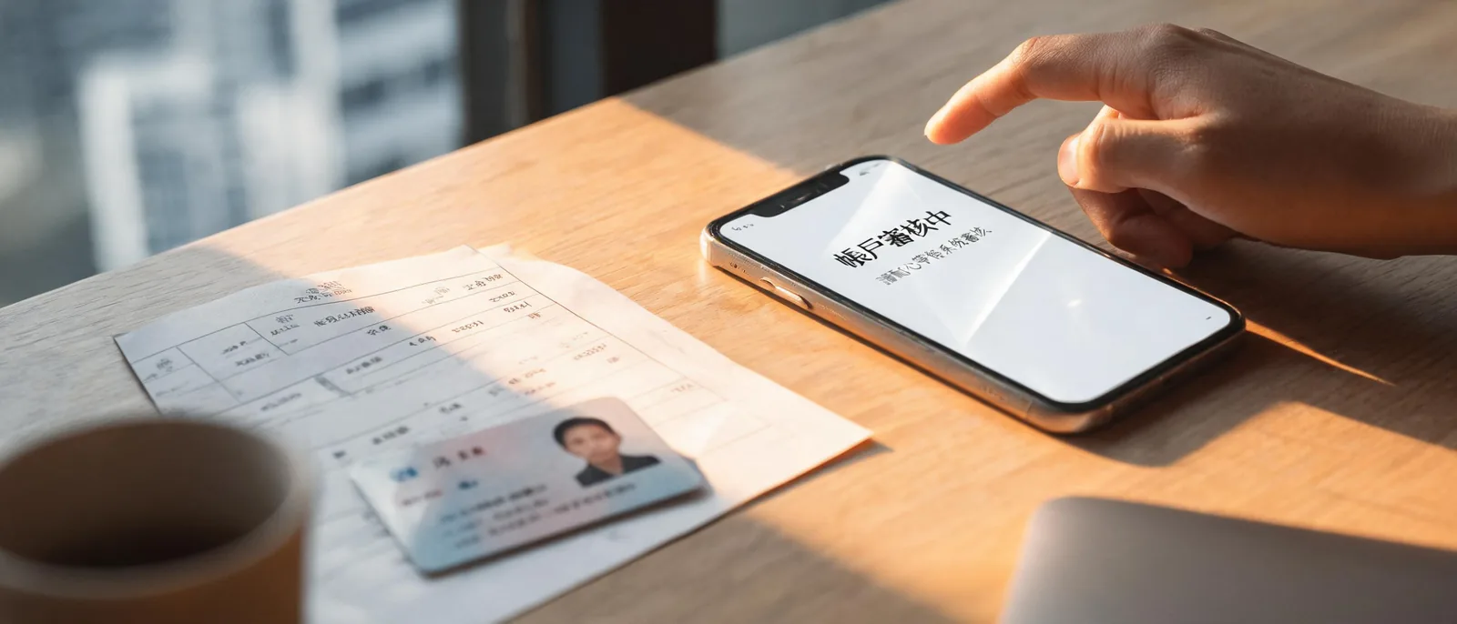 手機顯示娛樂城會員後台帳戶審核中提示，桌上放著交易明細與身分證影本，示意威樂娛樂城帳戶凍結後的自我核對