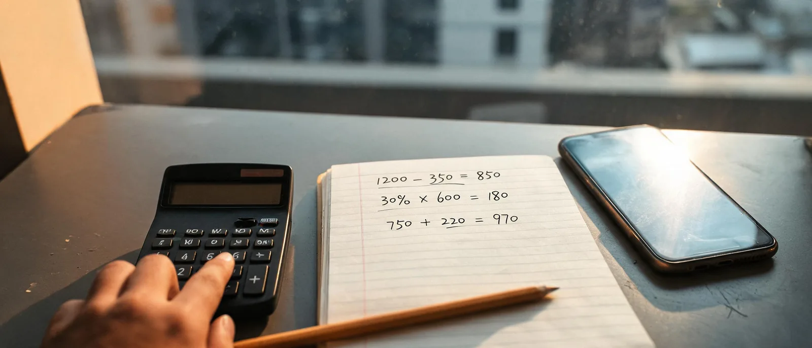 書桌上的計算機與攤開的筆記本，一隻手正在按計算機，筆記本上寫著算式，示意計算首存門檻與轉帳成本