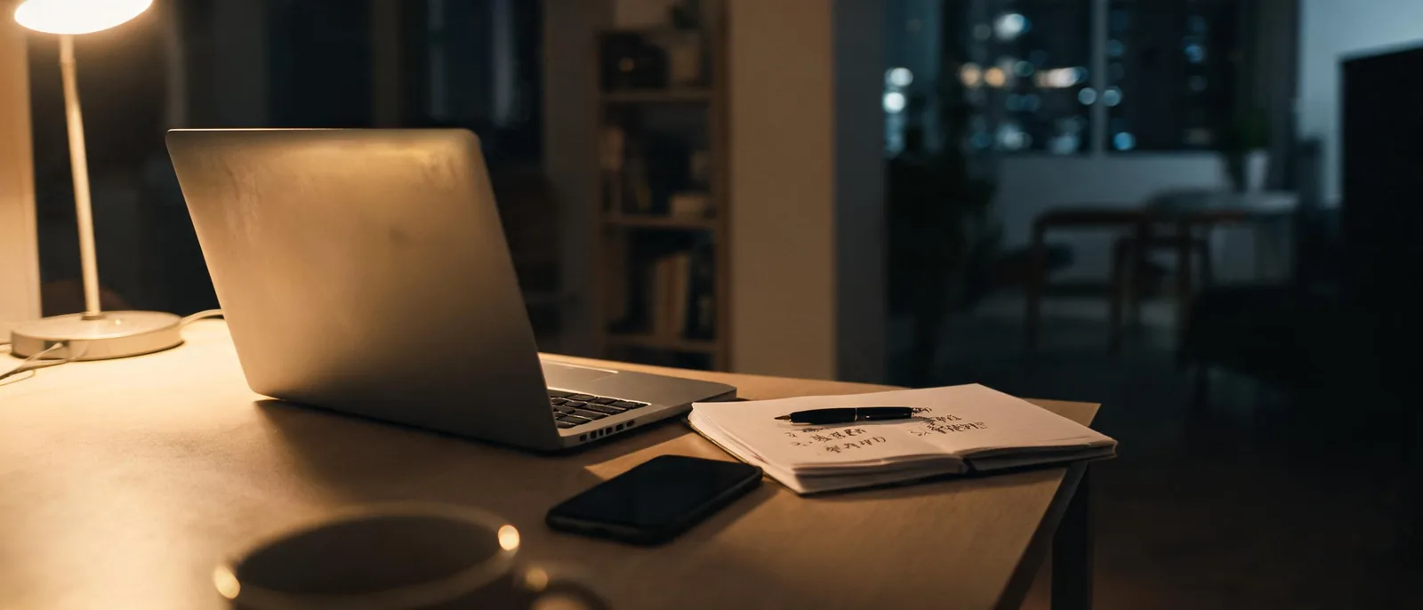 夜晚書桌檯燈下打開的筆電與攤開的筆記本，旁邊有一支原子筆和手機，示意入金前先在家逐項查證