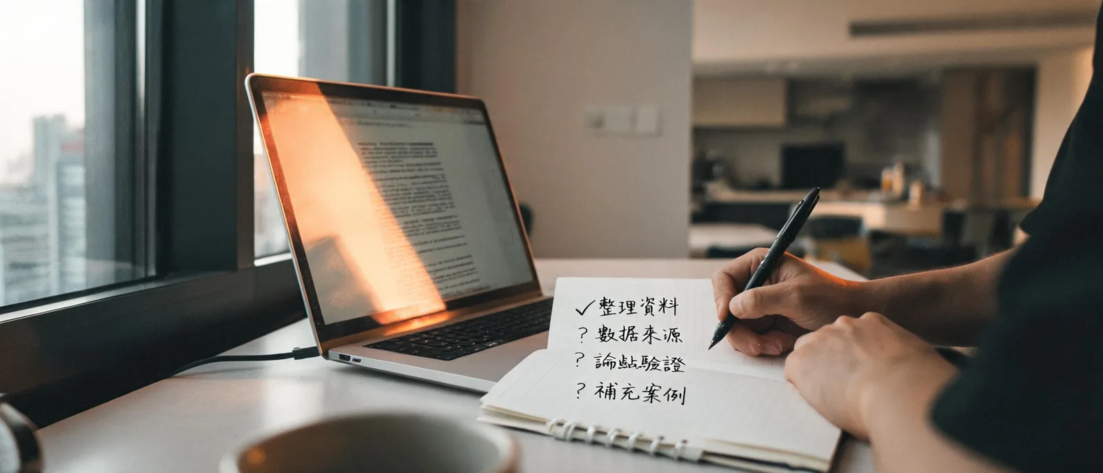 一隻手拿著原子筆在筆記本上標記，後方電腦螢幕顯示一篇長文章，示意檢視文章作者與日期是否可信
